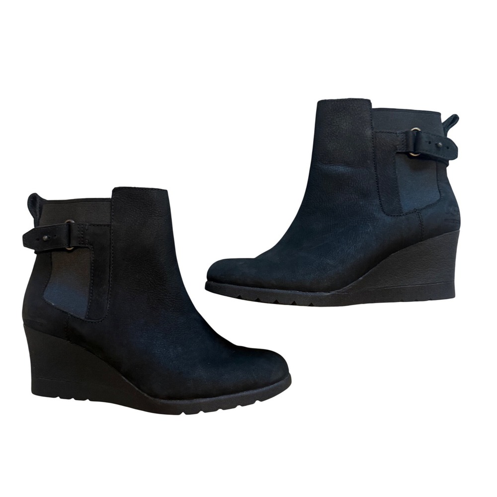UGG Kasen Waterproof Wedge Ankle Boots Womens 7 Black Leather Buckle
